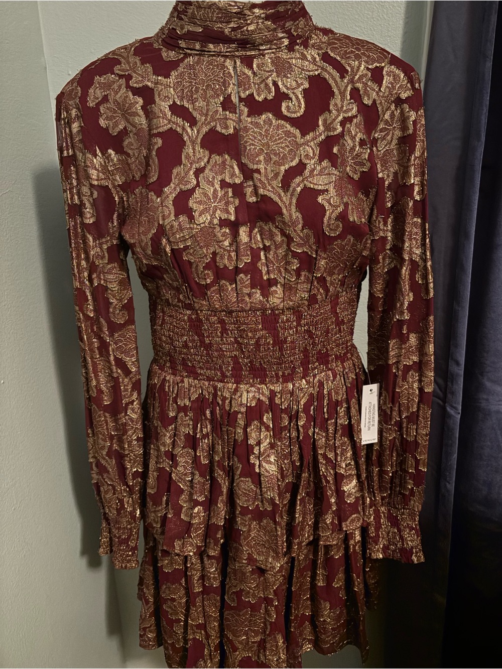 NWT Venus Smocked Waist Jacquard Mini Dress in Wine & Gold